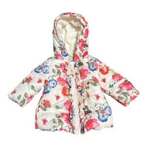 Rothschild Baby Girls Ruffle Puffer Jacket White Floral, 6/9 Months